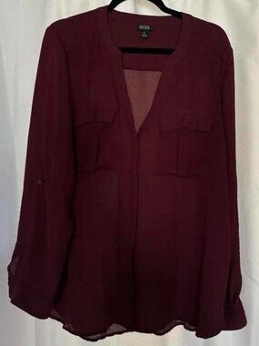 a.n.a Women's Deep Burgundy Blouse long roll sleeve sheer size XL #burgundy #blo